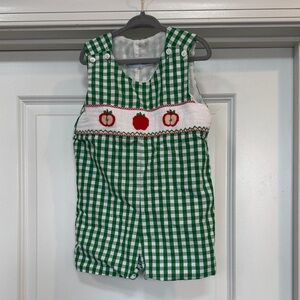 Green Gingham Baby Romper with Apple Embroidery